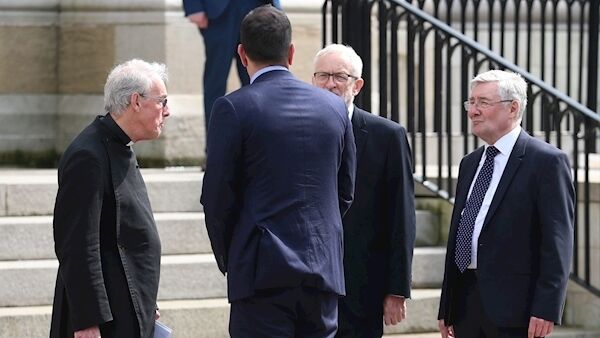Taoiseach Leo Varadkar (second left), Labour leader Jeremy Corbyn (second right) and shadow Secretary of State for Northern Ireland, Tom Lloyd (right) arrive for the funeral service of murdered journalist Lyra McKee at St Anne's Cathedral in Belfast. (Liam McBurney/PA Wire)