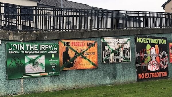Pro IRA graffiti in Derry's Bogside has been painted over with crosses after the death of journalist Lyra McKee.(Aoife Moore/PA Wire)