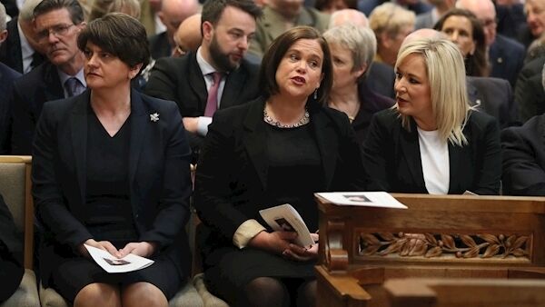 DUP leader Arlene Foster with Sinn Féin leader Mary Lou McDonald and deputy leader Michelle O'Neill before Lyra McKee’s funeral service in Belfast this week.