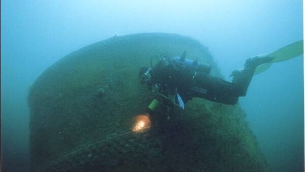 Diver from aquaventures.ie passes one of the two boilers on the wreck of the Alondra, which ran aground in 1916 at Kedge Island.