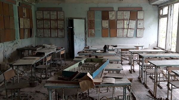 A classroom from school No 5 where complex physics equations were taught to children. Upstairs, ironically, pupils were taught, how to shelter in case of a nuclear bomb.