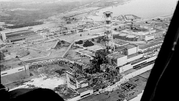 An aerial view of the Chernobyl nuclear power plant, the site of the world’s worst nuclear accident, is seen in this May 1986 file photo made two-three days after the explosion. In front of the chimney is the destroyed 4th reactor. Picture: AP