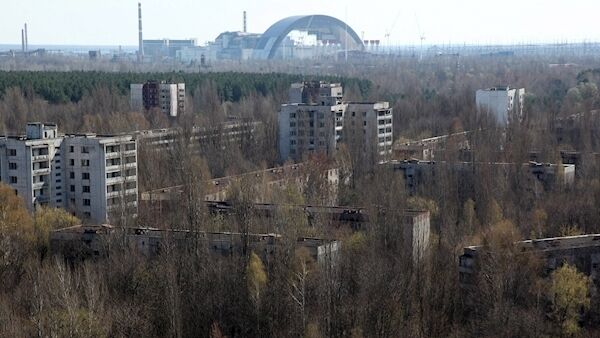 The New Safe Confinement (NSC) dome under construction in 2014, since completed.