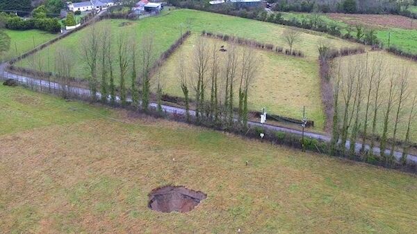 The crownhole that appeared on December 20 in the area of the old Drumgossatt mines, Magheracloone. It led to the closure of the LP4900 primary road. Picture: Pat Byrne
