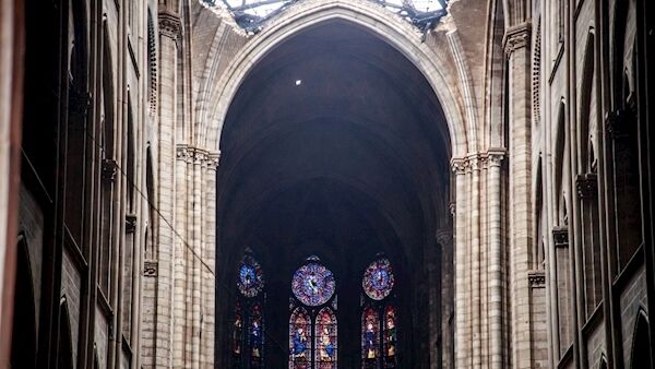 The cathedral’s windows survived the fire. Picture: Christophe Petit Tesson, Pool via AP