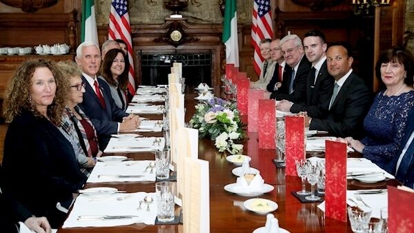 Ms Ann Poynter, Mrs Nancy Pence-Fritsch Vice President Mike Pence, Second Lady Karen Pence, Matthew Barrett, Varadkar’s partner and Leo Varadkar, An Taoiseach at Farmleigh House, Phoenix Park.