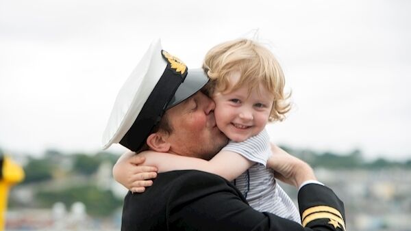 Lt Jason O’Brien from Ballincollig hugs his son Diarmuid on his return aboard the LÉ Samuel Beckett from duty in the Mediterranean last summer. Picture: Michael Mac Sweeney/Provision