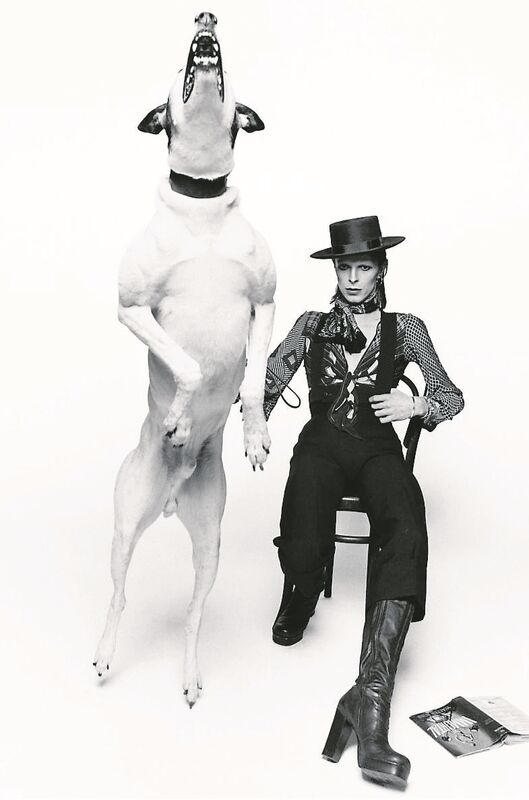 Bowie poses with a large barking dog for the artwork of his 1974 album 'Diamond Dogs' in London. Picture: Terry O'Neill