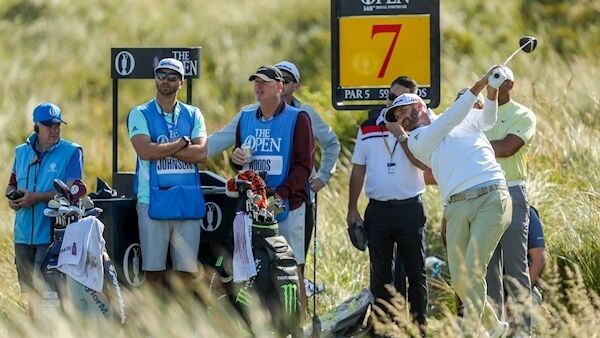 15 July 2019; Dustin Johnson of USA tees off on the 7th hole during a practice round ahead of the 148th Open Championship at Royal Portrush in Portrush, Co. Antrim. Photo by John Dickson/Sportsfile
