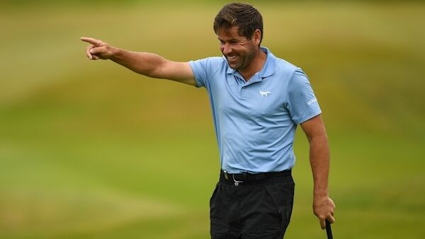 Robert Rock celebrates a birdie putt on the 17th hole on day three of the 2019 Dubai Duty Free Irish Open at Lahinch. Pic: Ramsey Cardy/Sportsfile