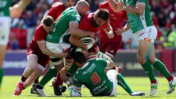 Munster's Jean Kleyn tackled by Benetton's Marco Lazzaroni and Sebastian Negri. Pic: ©INPHO/Billy Stickland Munster's Jean Kleyn tackled by Benetton's Marco Lazzaroni and Sebastian Negri. Pic: ©INPHO/Billy Stickland