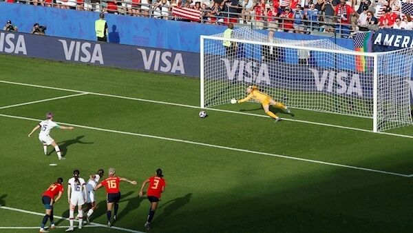 Megan Rapinoe scores a penalty against Spain in the Women's World Cup, June 24, 2019. Megan Rapinoe scores a penalty against Spain in the Women's World Cup, June 24, 2019.