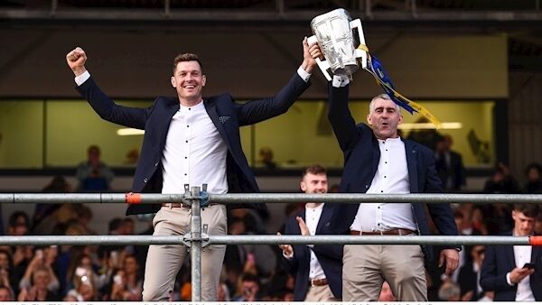 Séamus Callanan of Tipperary and Tipperary manager Liam Sheedy with the Liam MacCarthy cup at the Tipperary All-Ireland hurling champions homecoming event at Semple Stadium in Thurles, Tipperary. Photo by Sam Barnes/Sportsfile