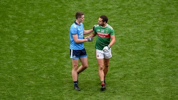 Brian Fenton and Tom Parsons shake hands at full-time. Picture: Sportsfile