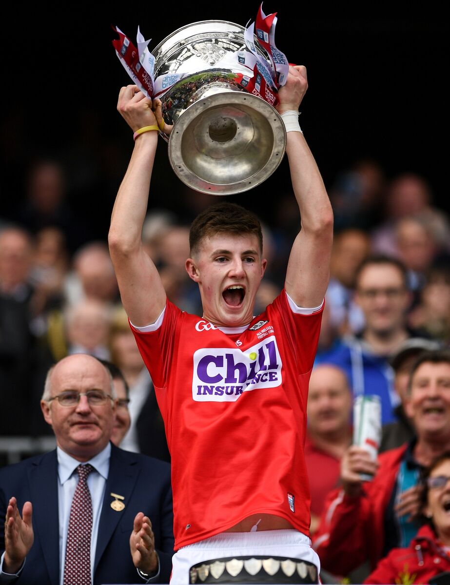 Cork captain Conor Corbett lifts the Tom Markham Cup at Croke Park. Photo by Harry Murphy/Sportsfile