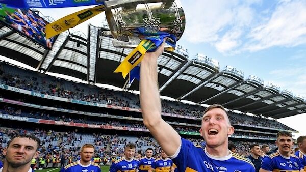 Séamus Kennedy of Tipperary celebrates with the Liam MacCarthy cup following the GAA Hurling All-Ireland Senior Championship Final match between Kilkenny and Tipperary at Croke Park in Dublin. Photo by Seb Daly/Sportsfile