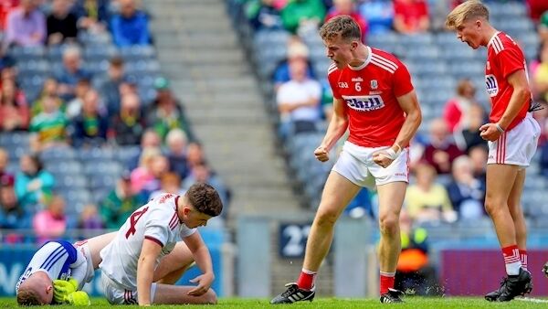 Cork’s Neil Lordan and Sean Andrews react towards Tomo Culhane of Galway. Photo: INPHO/Tommy Dickson