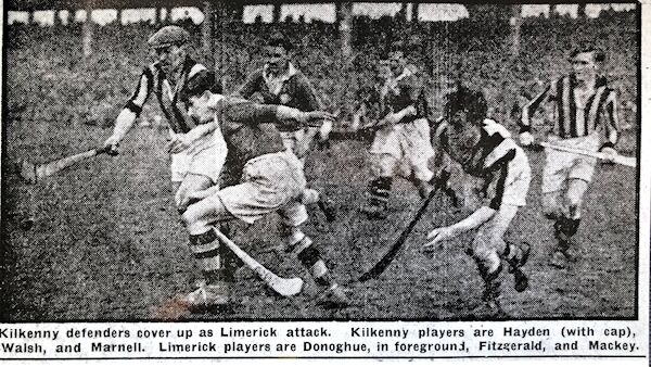 TREATY TANGLE: Kilkenny’s Pat ‘Diamond’ Hayden and Limerick’s Jimmy O’Donoghue (second left) contest possession in the 1947 NHL final on March 8, 1948 in Croke Park.