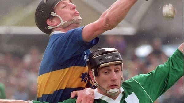 Tipperary’s Paul Delaney battles for the ball with Limerick’s Shane Fitzgibbon in the NHL final in 1992. Picture: Lorraine O’Sullivan/Inpho Tipperary’s Paul Delaney battles for the ball with Limerick’s Shane Fitzgibbon in the NHL final in 1992. Picture: Lorraine O’Sullivan/Inpho
