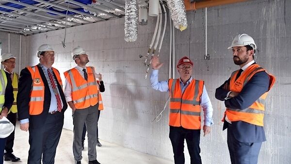 Housing Minister Eoghan Murphy pictured with Brian O'Gorman, CEO, Cluid, left, Mayor of Kerry Niall Kelleher, Minister Brendan Griffin and Michael Cronin, Managing Director of Thermohouse, at the sustainable social housing development in Killarney. Picture: Don MacMonagle