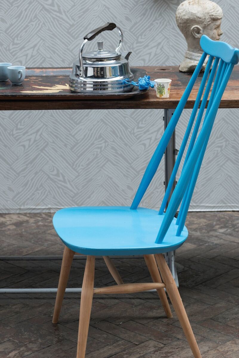 Divide a chair’s parts with paint to give its lines a new pop; St Giles Blue, Full Gloss, Farrow & Ball.