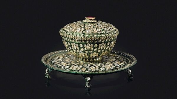 A diamond-set and enamelled gold-covered bowl and stand, c1790-1810.