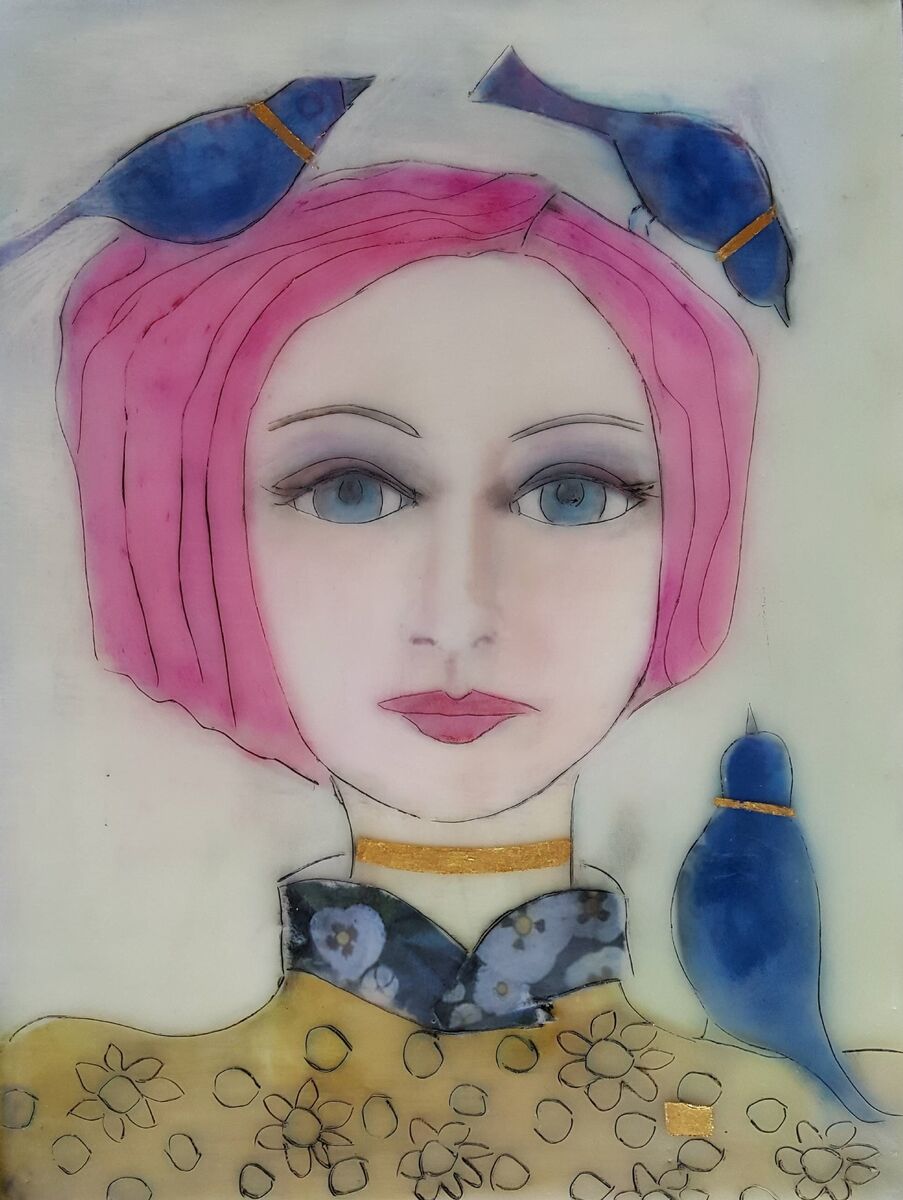 ‘Girl with Birds’ by Eithne Roberts, encaustic painting.
