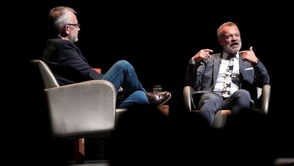 Graham Norton pictured with broadcaster and book enthusiast Rick O’ Shea at the ‘Eason Presents’ event at Cork Opera House where he spoke about his new book, A Keeper. Picture: Clare Keogh
