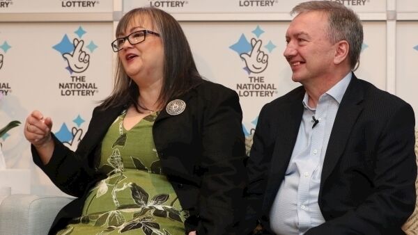 Frances Connolly, 52, and Patrick Connolly, 54, from Moira, County Armagh in Northern Ireland, who scooped a £130m EuroMillions jackpot in the New Year's Day lottery draw, during a photocall at the Culloden Estate and Spa in Holywood, Belfast, as they announce their win.