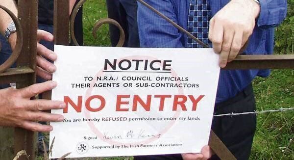 These farmers in Co Monaghan protested against inspection of their lands with a view to compulsory purchase orders for road-building. CPOs can reduce the value of retained farmland, just one of the factors complicating agreement on compensation. Picture: Kevin Clancy/ViewPoint