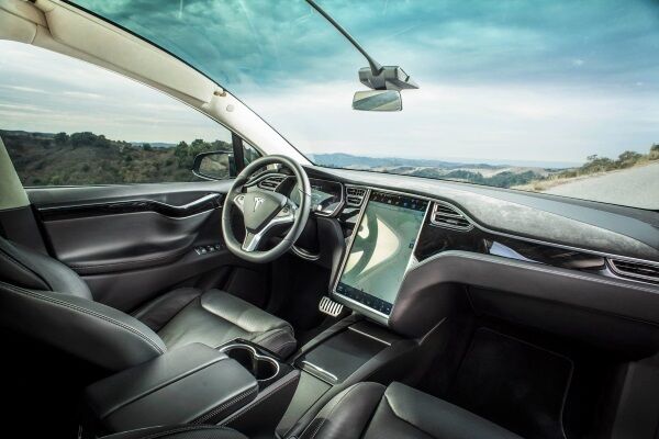 The 17in computer screen inside the Model X controls everything in the car, from climate and navigation to ride control and battery diagnostics. Picture: James Lipman/Tesla