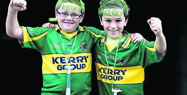 Seán Rice and Evan O’Brien of Ballymac, Kerry, show their colours atthe All Ireland final in Croke Park. Picture: James Crombie/Inpho