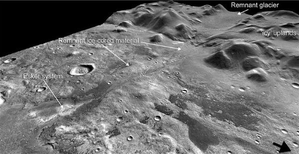 Oblique view of Phlegra Montes region of Mars showing remnant glacier and eskers. Image and topography data: NASA Oblique view of Phlegra Montes region of Mars showing remnant glacier and eskers. Image and topography data: NASA