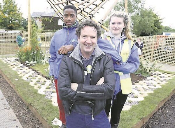 Diarmuid Gavin at the Foroige Gardens at the Aldi Marquee, with Sarah Kelly and Tony Loye
