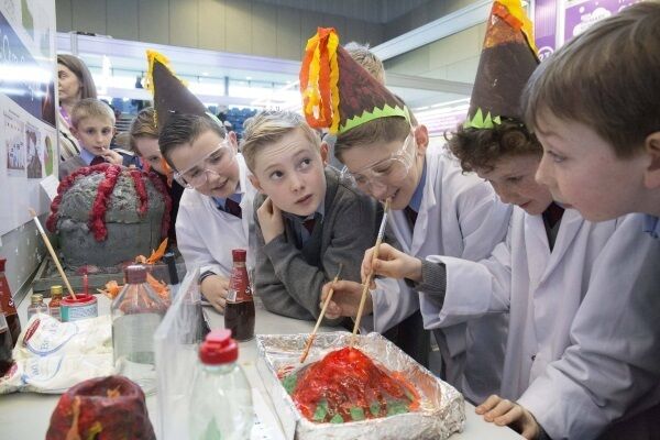 Scoil Mhuire Lourdes, Carrigaline, Co. Cork, What are the causes and effects of a Volcanic Eruption? Students making a volcanic eruption at the 2017 RDS Primary Science Fair Limerick.