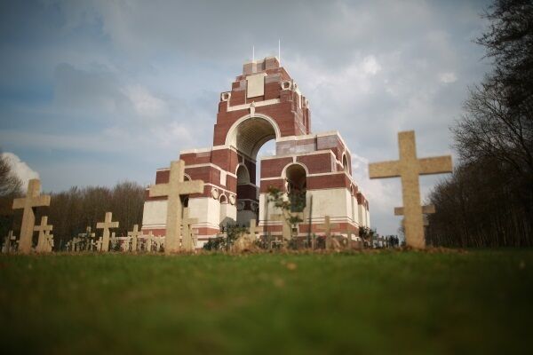 War graves are marked out in front of the Thiepval Memorial to the Missing of the Somme.