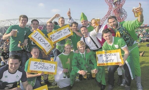 A group of supporters from Limerick get into the fun at the Olympic Stadium in London before the Rugby World Cup match against Italy