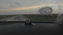 Baseball-sized hailstone smash stormchasers&rsquo; windscreen