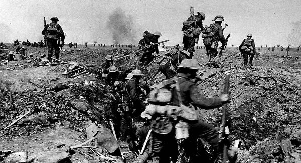 British troops go over the top during the Battle of the Somme.