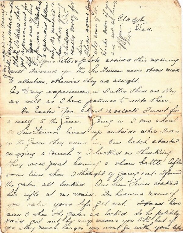 Nora Costigan’s letter to her brother Bob, recounting her survival of the Easter Rising. Picture courtesy of Costigan family. Nora Costigan’s letter to her brother Bob, recounting her survival of the Easter Rising. Picture courtesy of Costigan family.