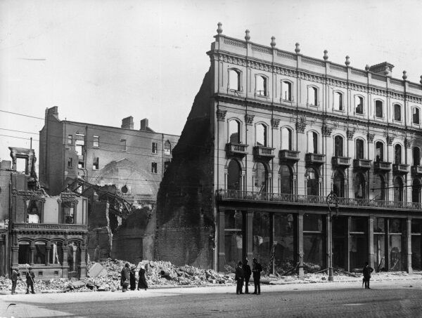 Nora Costigan and others were stranded at the outbreak of the Rising, in Marlborough Street, to the back of Clery's hotel whose ruins after the rebellion are shown here. Picture: Topical Press Agency/Getty Images. Nora Costigan and others were stranded at the outbreak of the Rising, in Marlborough Street, to the back of Clery's hotel whose ruins after the rebellion are shown here. Picture: Topical Press Agency/Getty Images.