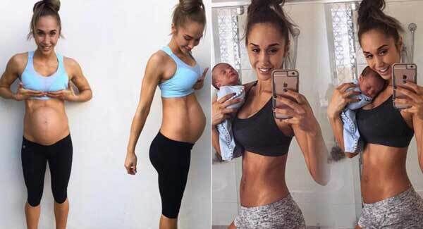 BOUNCE BACK: Fitness model Chontel Duncan at 36 weeks pregnant and, right, 11 days after her child’s birth when she was back to her pre-baby weight.