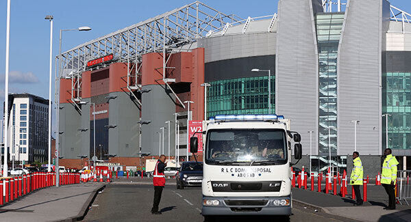 Bomb disposal van leaves Old Trafford after the game is abandoned. Photo: Martin Rickett/PA