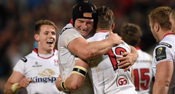 Van der Merwe celebrates with StuartMcCloskey who scored a try against Toulouse
