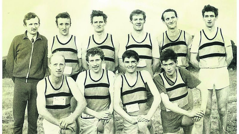 Dick Hodgins, back row, second from right, as part of the Leevale cross-country team from 1969. Included are, back, from left: Kevin Barry, Pat O’Riordan, Joe O’Flynn, Der Cronin, and Hugh Parnell. Front: Jackie O’Callaghan, John Shine, Liam Horgan, and George O’Callaghan. Dick Hodgins, back row, second from right, as part of the Leevale cross-country team from 1969. Included are, back, from left: Kevin Barry, Pat O’Riordan, Joe O’Flynn, Der Cronin, and Hugh Parnell. Front: Jackie O’Callaghan, John Shine, Liam Horgan, and George O’Callaghan.