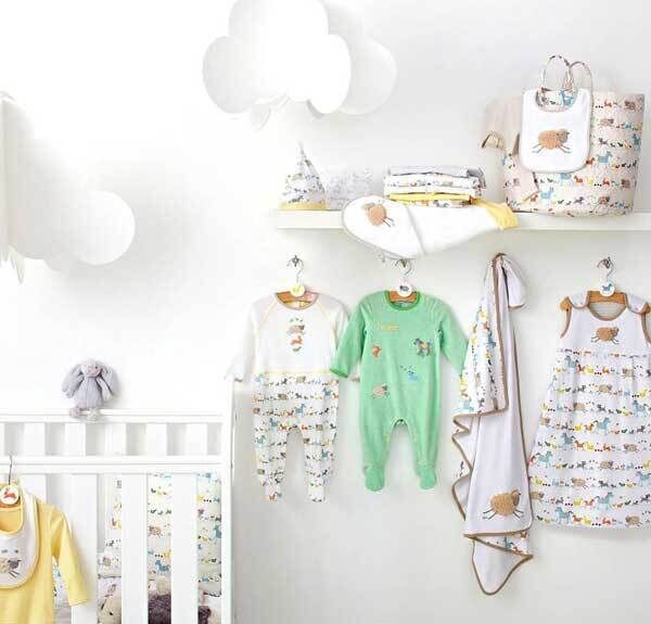 One shelf, hooks and hangers — idea for babys wardrobe. Clothing: Farmyard/ John Lewis