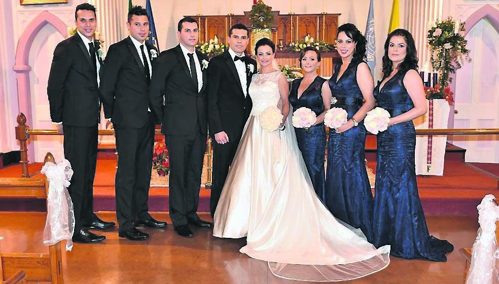 Seán Óg Ó hAilpín and Siobhán Quirke at St Michael’s Garrison Church, Collins Barracks with chief bridesmaid Lynda Quirke, bridesmaids Sarote Ní hAilpín and Grace Murphy, best man Teu Ó hAilpín, and groomsmen Setanta and Aisake Ó hAilpín. Pictures: Eddie O’Hare