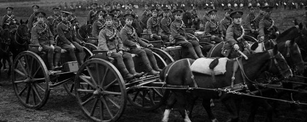 Artillery of the Irish Division marching past King George V, during an inspection parade, in October, 1915.