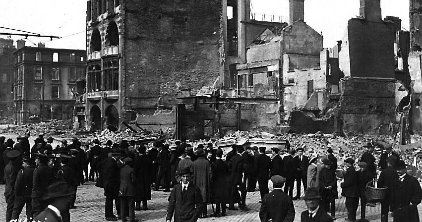 The remains of Sackville St, now O’Connell St, after the Rising. Elvery’s store at 46 & 47 Lower Sackville St was only about a block from the GPO. Picture: Hulton Archive/Getty The remains of Sackville St, now O’Connell St, after the Rising. Elvery’s store at 46 & 47 Lower Sackville St was only about a block from the GPO. Picture: Hulton Archive/Getty