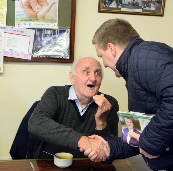 Michael McGrath meets John Dunne while canvassing in Mount Rivers, Carrigaline, County Cork Picture: Denis Scannell